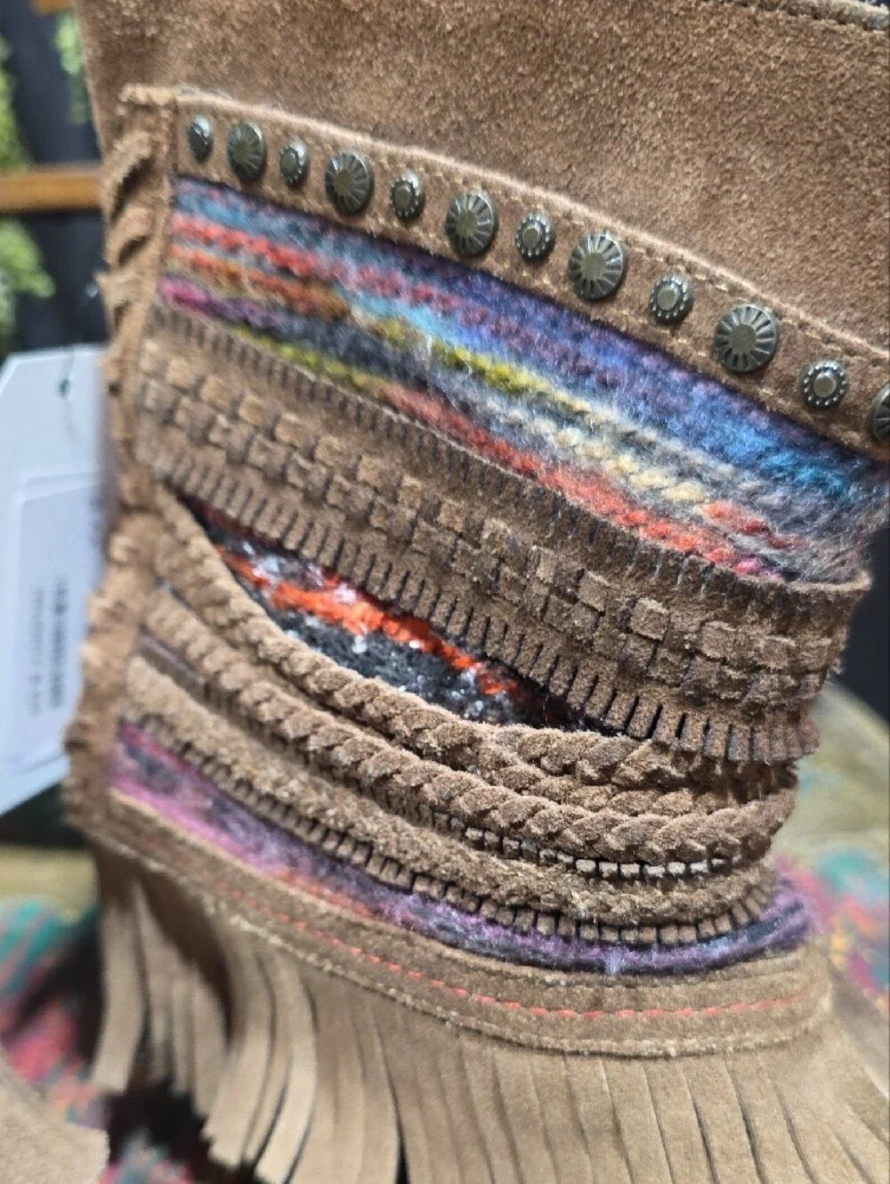 Naughty Monkey Brown Suede Fringe Ankle Boots with Multicolor Yarn Trim